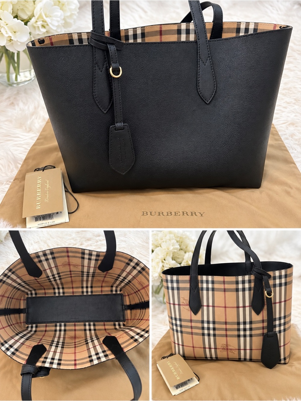 Burberry Black Leather Trim Reversible Nova Check Tote